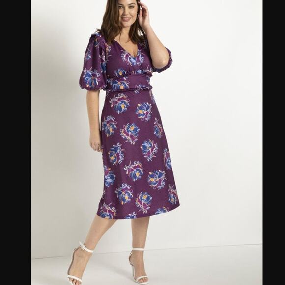 Eloquii 20 Purple Floral Print Puff Sleeve Midi Dress Plus Size NEW - Picture 1 of 11